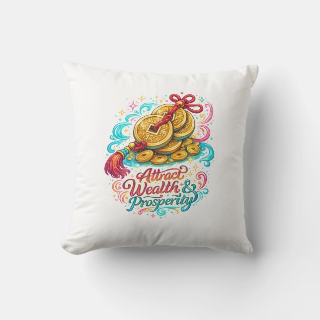 Kinesiska Mynt Lucky Charm Kastkudde | Feng Shui Kudde (Framsida)