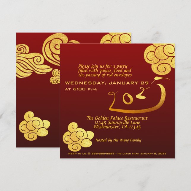 Kinesiska nyårsnäckor 2025 Guld-moln Texter IV Inbjudningar (Fram/baksida)