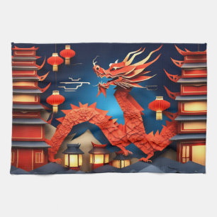 Kinesiska Origami Red Dragon År KT Kökshandduk