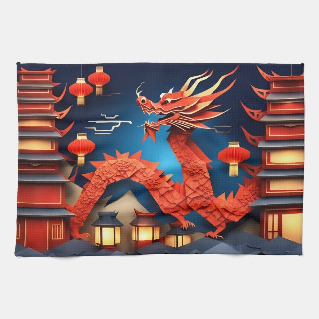 Kinesiska Origami Red Dragon År KT Kökshandduk (Horisontell)