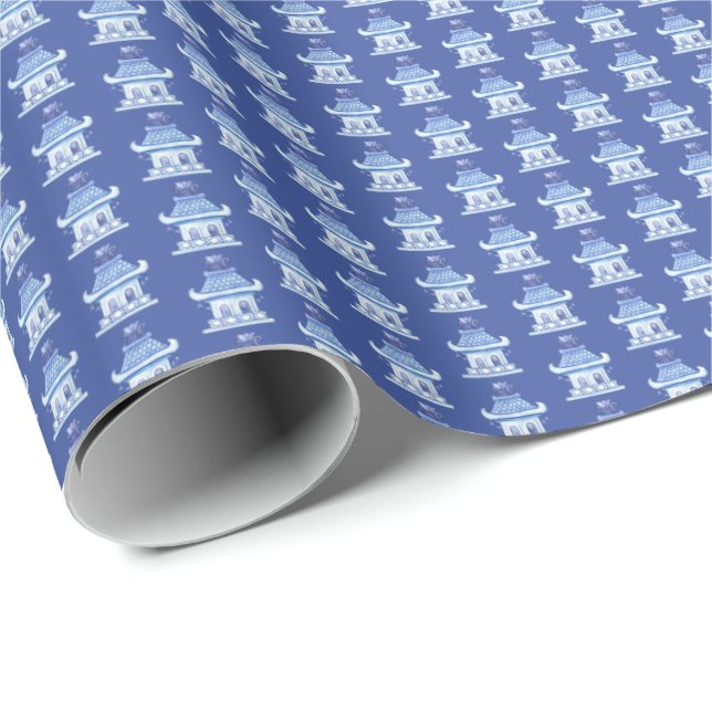 Kinesiska pagoder (på blå bakgrund) presentpapper (Rullad Hörn)