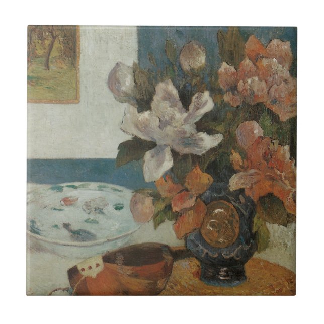Kinesiska pioner och mandolin av Paul Gauguin Kakelplatta (Framsidan)