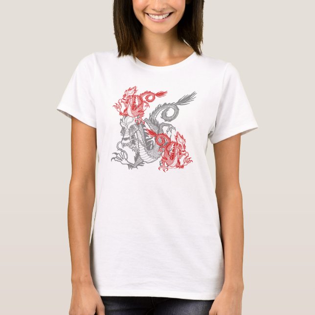 Kinesiska röda drakmer Kvinnor Tee Shirt (Framsida)