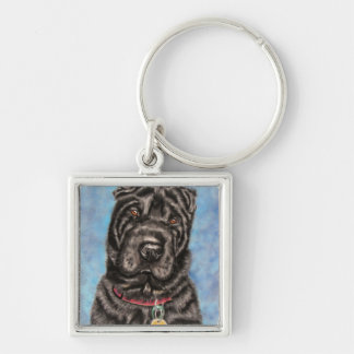 Kinesiska Shar-Pei Hund Art - Tia Fyrkantig Silverfärgad Nyckelring