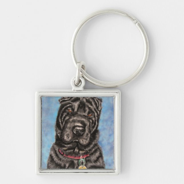Kinesiska Shar-Pei Hund Art - Tia Fyrkantig Silverfärgad Nyckelring (Framsidan)