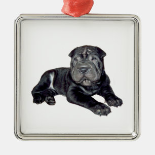 Kinesiska Shar Pei - svart valp Julgransprydnad Metall