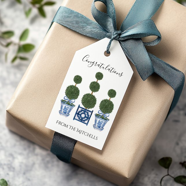 Kinesiska träd med blåa band  presentetikett (Topiary Trio Gift Tag)