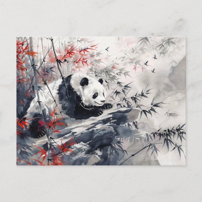 Kinesiska Watercolor Panda och Bamboo Vykort (Framsida)