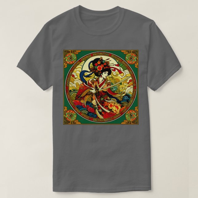 Kinesiska Woman Swordfighter i Art Deco Stil T Shirt (Design framsida)