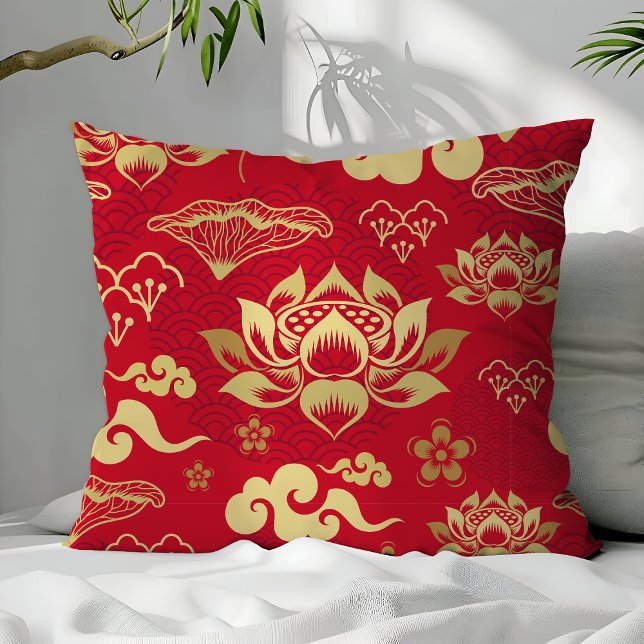 Kinesiskt asiatiskt orientaliskt rött guld lotus m kudde (Skapare uppladdad)