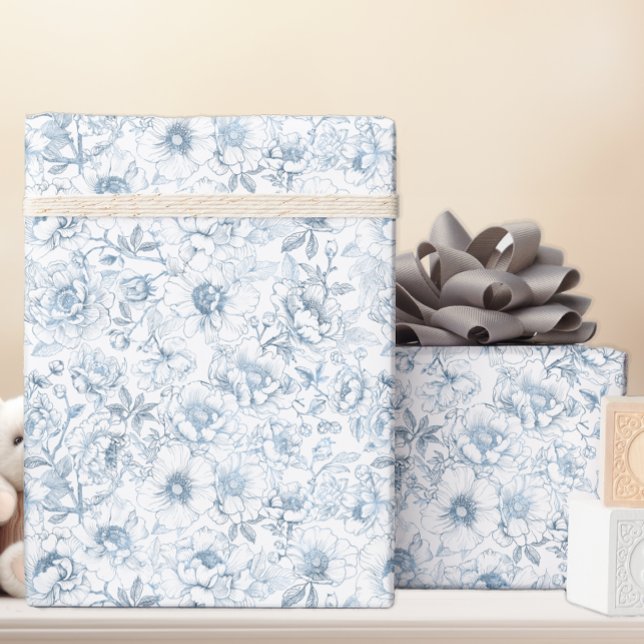Kinesiskt Blommot Papper för Inpackning i Blått Presentpapper (Dusty Blue Floral Gift Wrap)