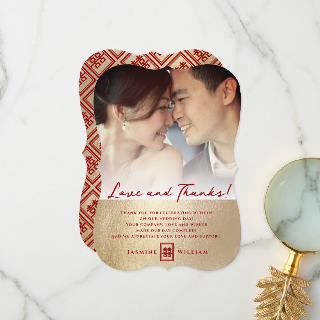 Kinesiskt Bröllop enkelt Kärlek- och tackfoto-kort Tack Kort (Fram/Back In Situ)