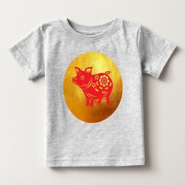 Kinesiskt Gris-år 2019 Papercut Red Baby Tee (Framsida)