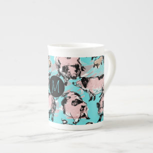Kinesiskt Gris-år, ursprungligt monogram blått Mug Benporslin Mugg