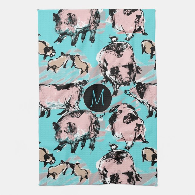 Kinesiskt Gris-år Zodiac Original Monogram Blue K  Kökshandduk (Vertikal)