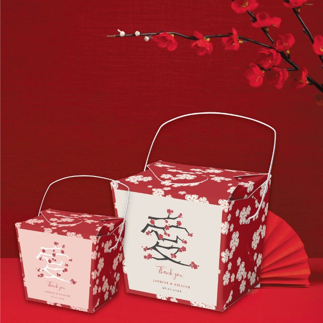 Kinesiskt kärleks röda körsbärsblommor förlovnings presentaskar (Chinese 'Ai' Love Red/Pink Cherry Blossoms Engagement/Wedding Party Favor Boxes @ fatfatin_red_knot)