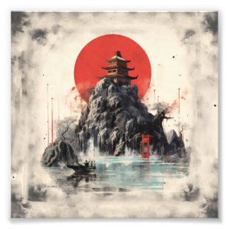 Kinesiskt landskap med litet hus på backe fototryck