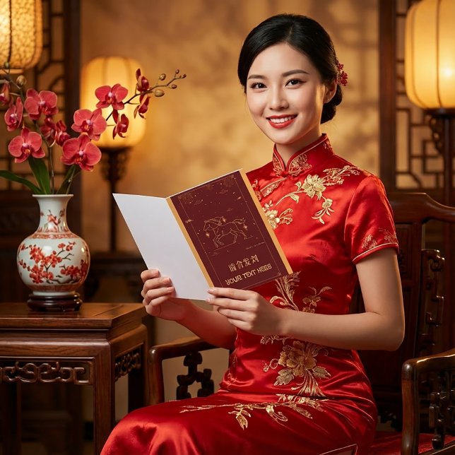 Kinesiskt nyår 2026 - Året för hästen - Elegant rö Helgkort (Skapare uppladdad)