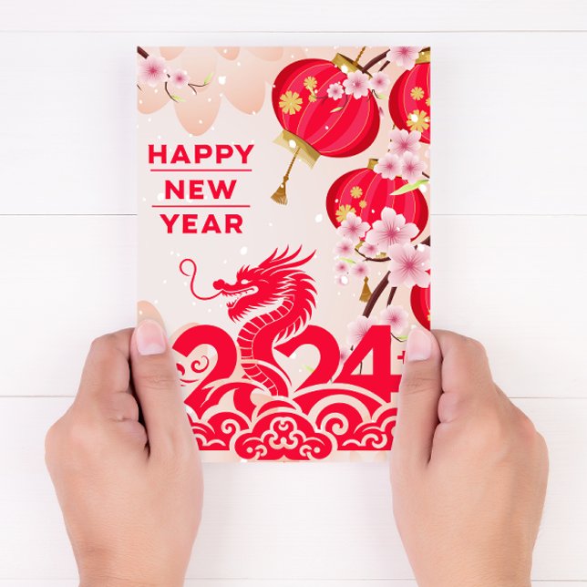 Kinesiskt nyår Draken 2024 Lunar Nyår Rosa Julkort (Chinese New Year 2024)