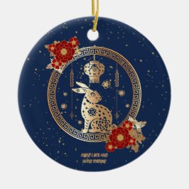 Kinesiskt nyår för kanin 2023 Blue Guld Blommigt Julgransprydnad Keramik