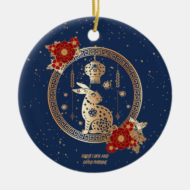 Kinesiskt nyår för kanin 2023 Blue Guld Blommigt Julgransprydnad Keramik (Framsidan)