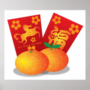 Kinesiskt nyår för Orangarna Horse Mandarin Poster