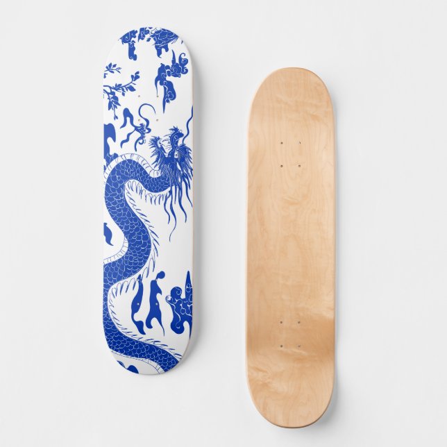 Kinesiskt Porslonsdrake Skate Deck, Blå & Vit Mini Skateboard Bräda 18,5 Cm (Framsida)