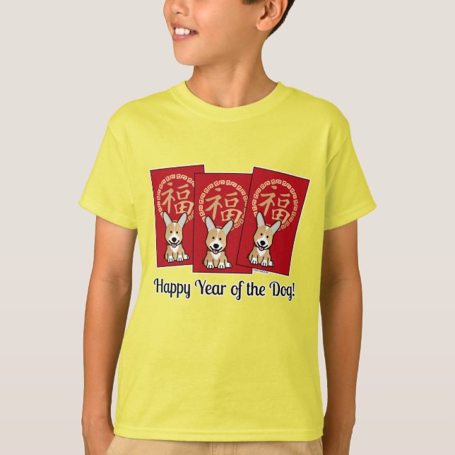 Kinesiskt rödkuvert Lucky Corgi-år för Hund Tee Shirt (Framsida)