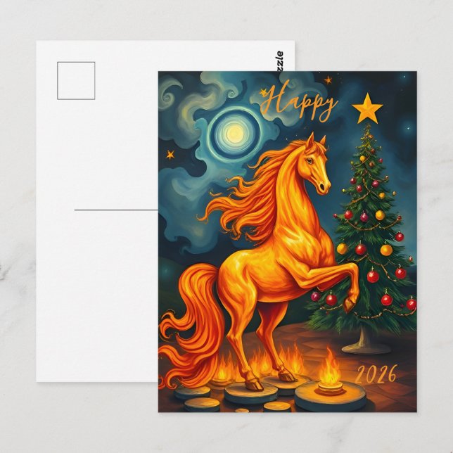 Kinesiskt rött eldhäst, nyår 2026 vykort (Fram/baksida)