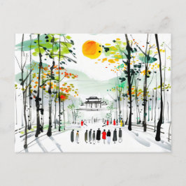 Kinesiskt tempel mellan Träd vid Sunset Vykort