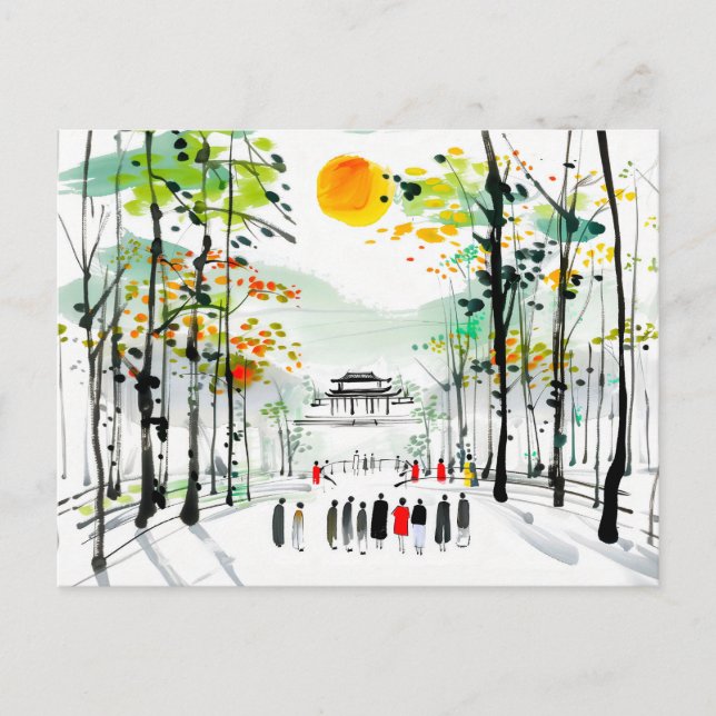 Kinesiskt tempel mellan Träd vid Sunset Vykort (Framsida)