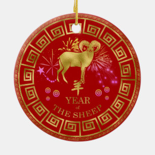 Kinesiskt Zodiac Sheep Red/Guld ID542 Julgransprydnad Keramik