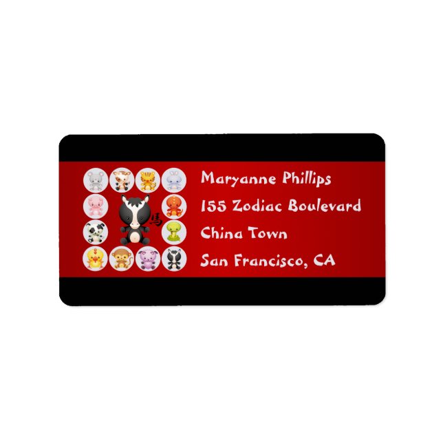 Kinesiskt zodiakår (Horse Red and Black) Adressetikett (Framsidan)