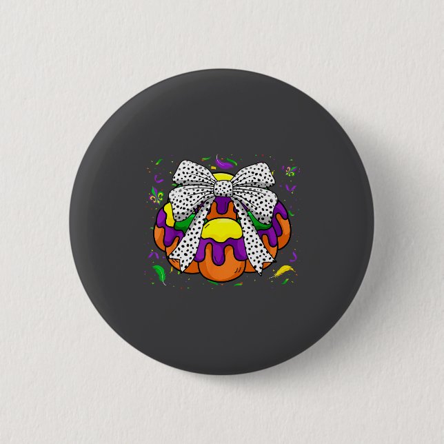 King Cake &amp; Coquette-båge Mardi Gras Fettisdag Knapp (Framsida)