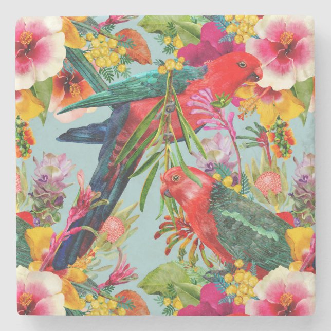 King Parrot Tropical Blooms Mönster Stenunderlägg (Framsidan)