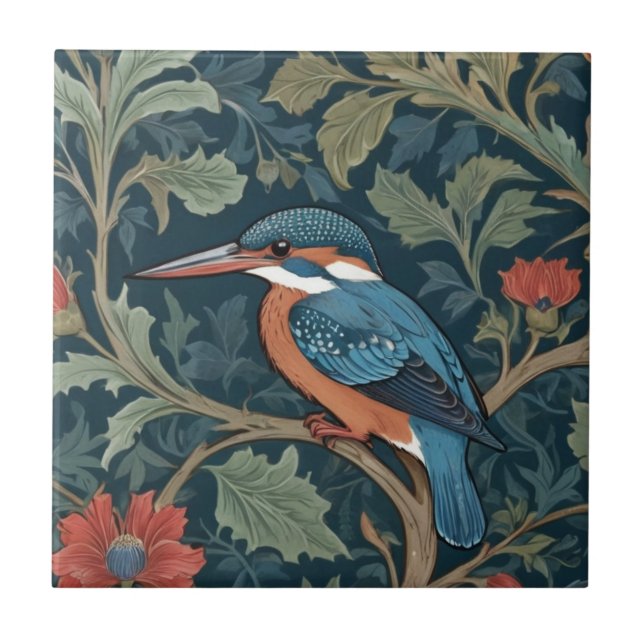 Kingfisher Bird William Morris stil Lämnat vänd Kakelplatta (Framsidan)