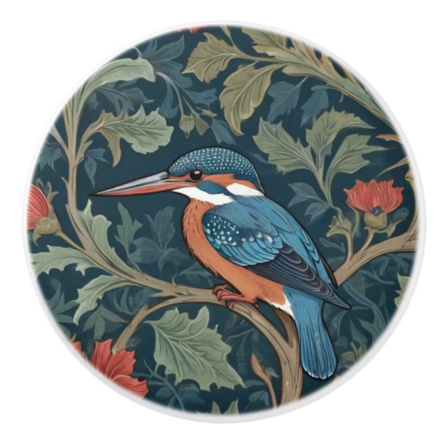 Kingfisher Bird William Morris stil Lämnat vänd Knopp (Framsidan)