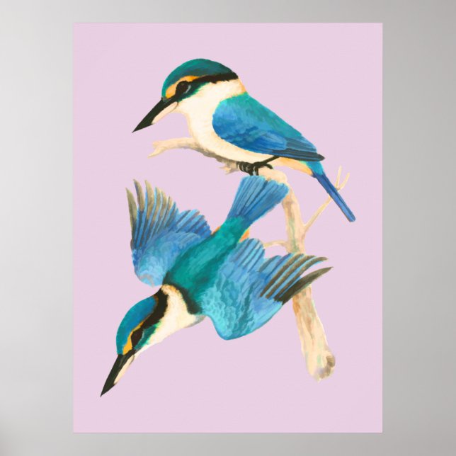 Kingfisher Birds Rosa Watercolor Poster (Framsidan)