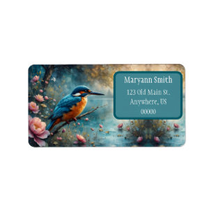 Kingfisher genomsöktes över blommor från vatten ro adressetikett