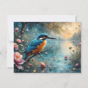 Kingfisher genomsöktes över blommor från vatten ro vykort