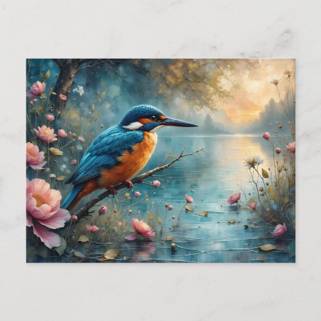 Kingfisher genomsöktes över blommor från vatten ro vykort (Framsida)