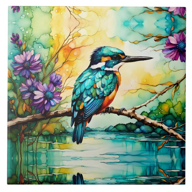 Kingfisher gick över vatten Wildblommor Kakelplatta (Framsidan)