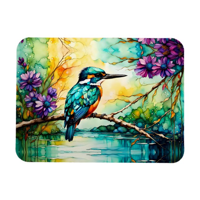 Kingfisher gick över vatten Wildblommor Magnet (Horisontell)