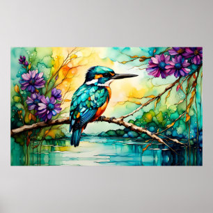 Kingfisher gick över vatten Wildblommor Poster