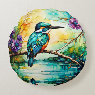Kingfisher gick över vatten Wildblommor Rund Kudde