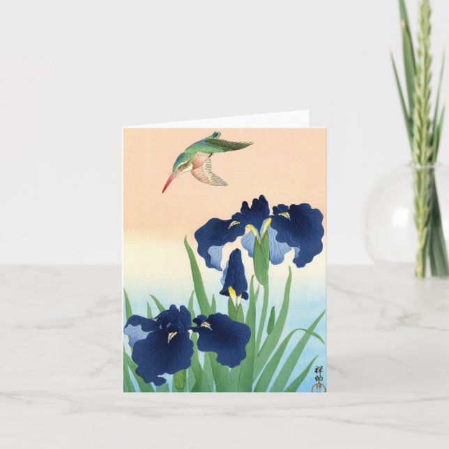 Kingfisher ovanför Irises av Ohara Koson Tack Kort (Framsida)