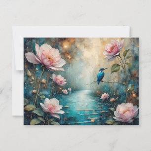 Kingfisher över vatten och rosa ros vykort