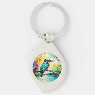 Kingfisher över Vatten och Wildblommor Swirl Silverfärgad Nyckelring