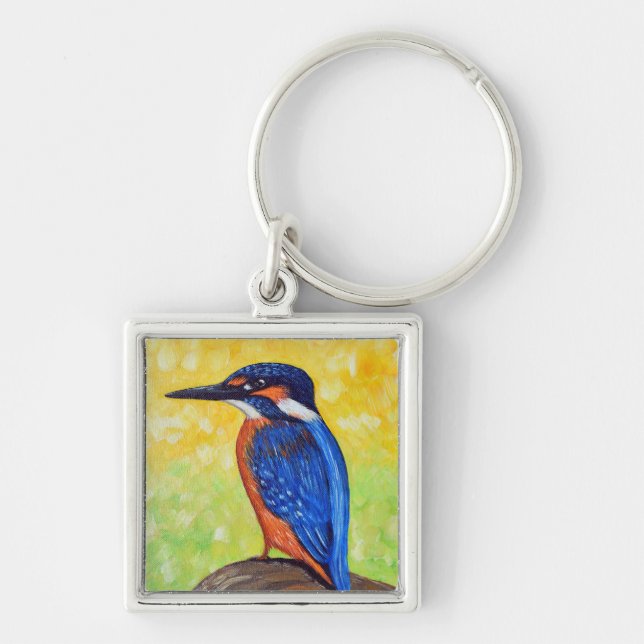 Kingfisher Painting Fyrkantig Silverfärgad Nyckelring (Framsidan)