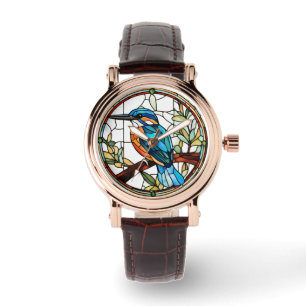 Kingfisher Stached Glass Orange Blue Bird Armbandsur